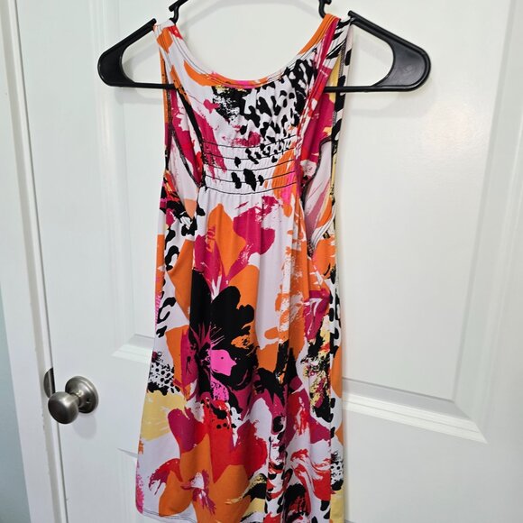 AB Studio Tank Top Orange Black White Pink Splatter Floral Size Medium Shirred - Picture 5 of 5